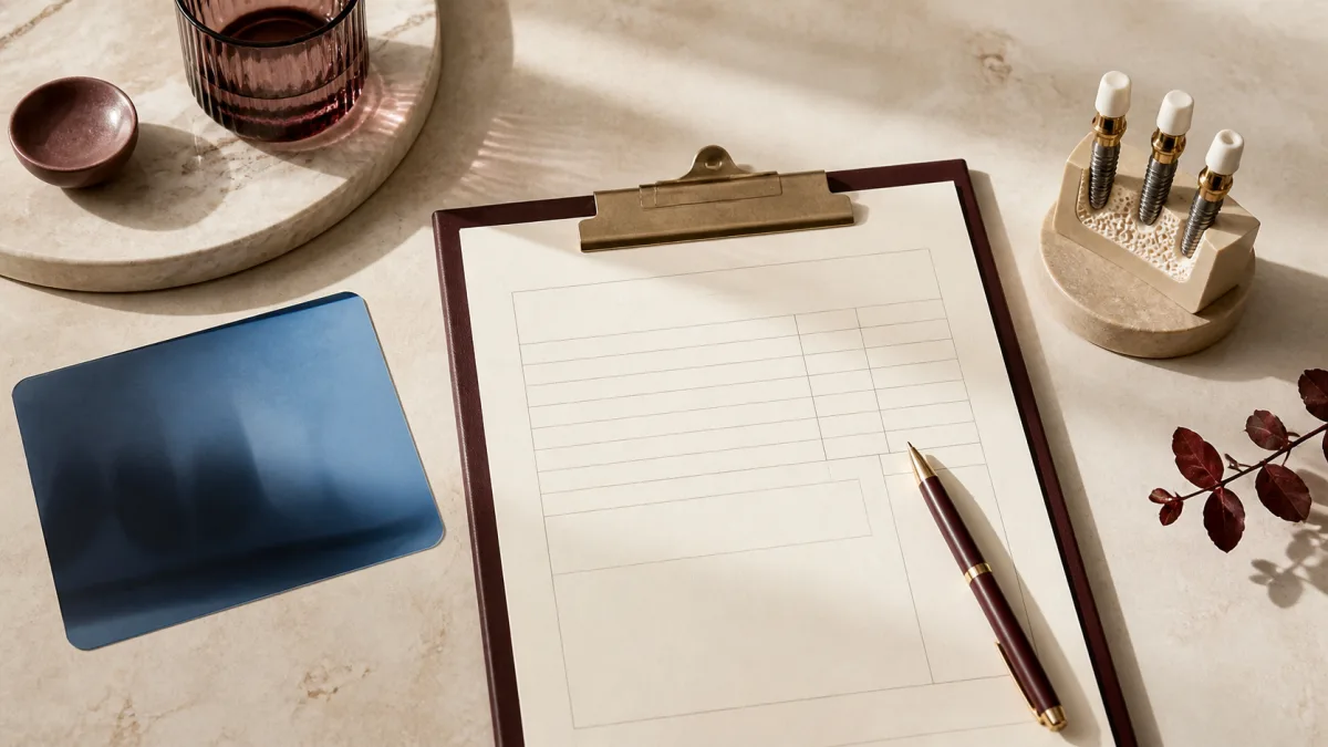 Editorial still life of a blank treatment-planning sheet and implant models