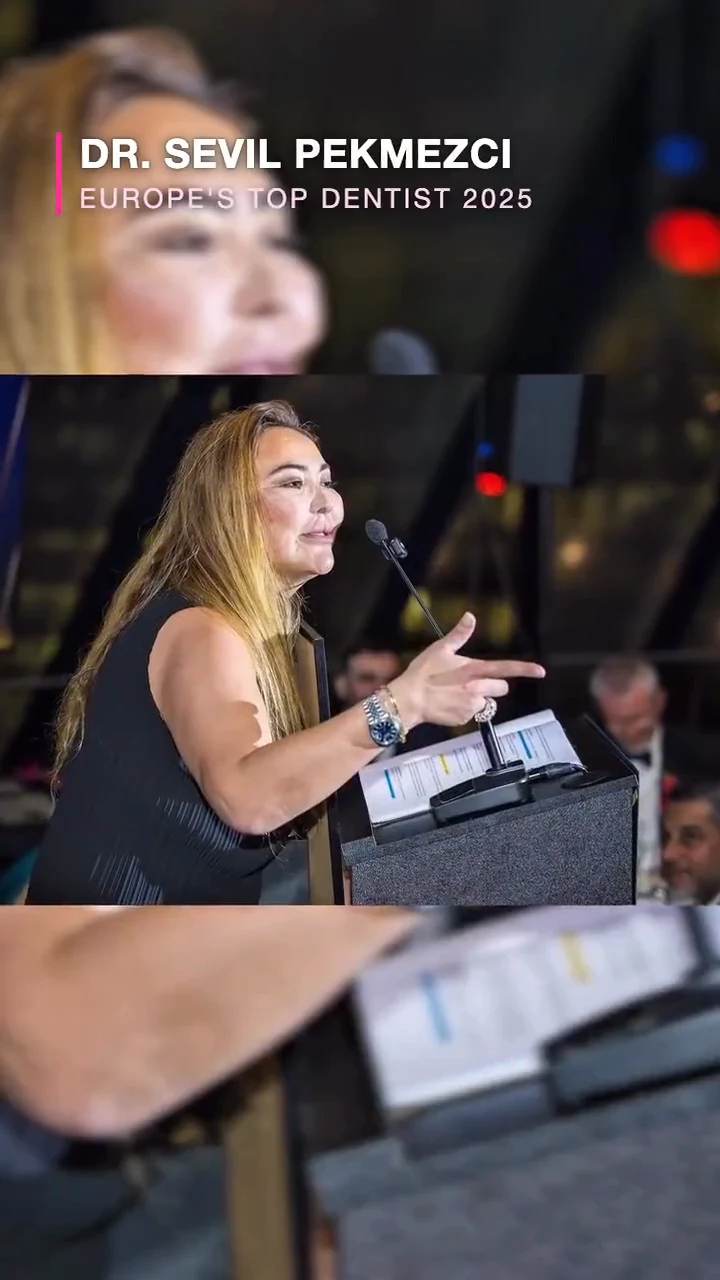 Dt. Sevil Pekmezci speaking at an awards ceremony in 2025