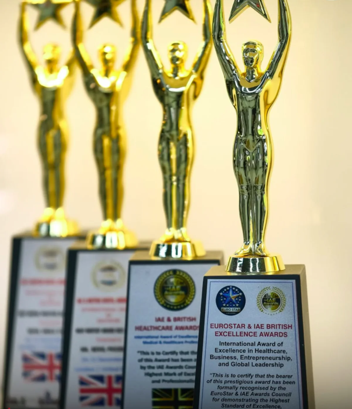 Four award trophies and plaques on display, naming the issuing organisations