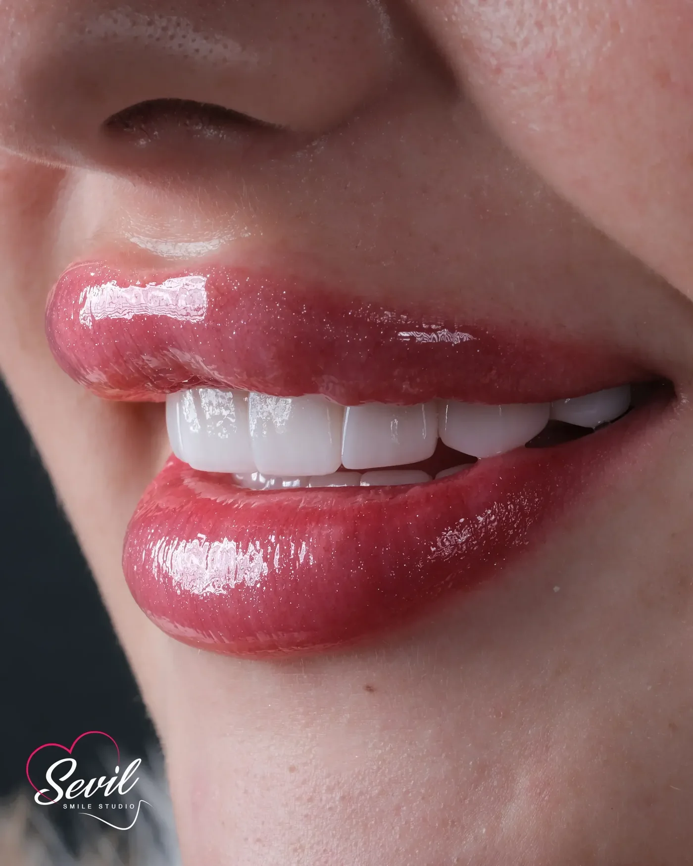 Close view of a finished veneer result at the lip line